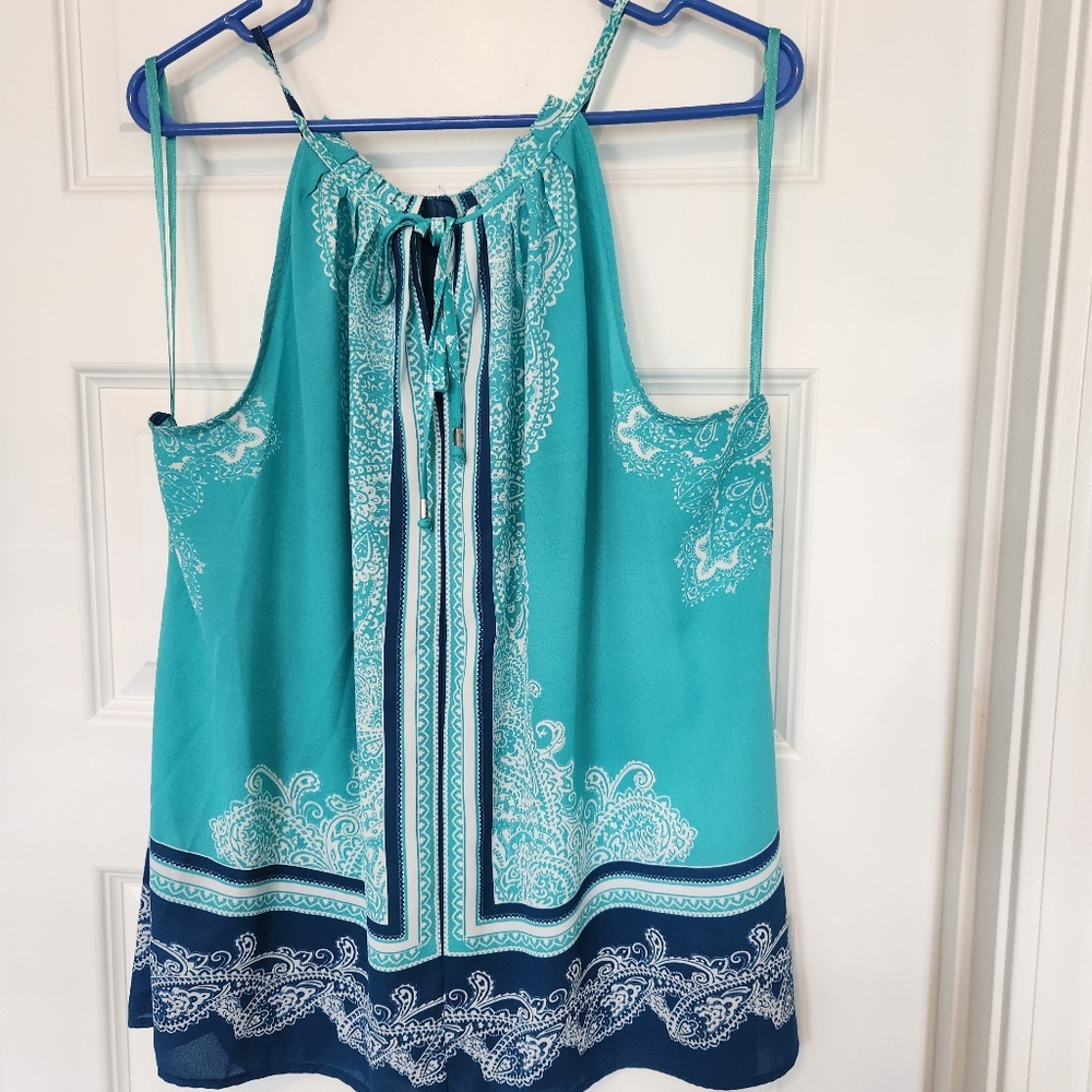 New York & Company Turquoise and Navy Patterned Top